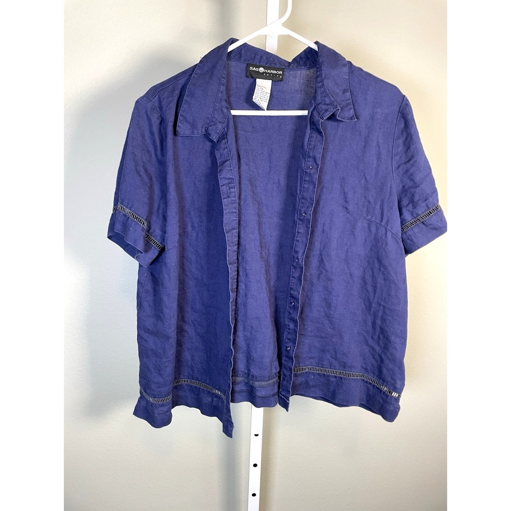 Sag Harbour Petite Linen Top Women's 14 100% Linen Button Up Blouse Shirt